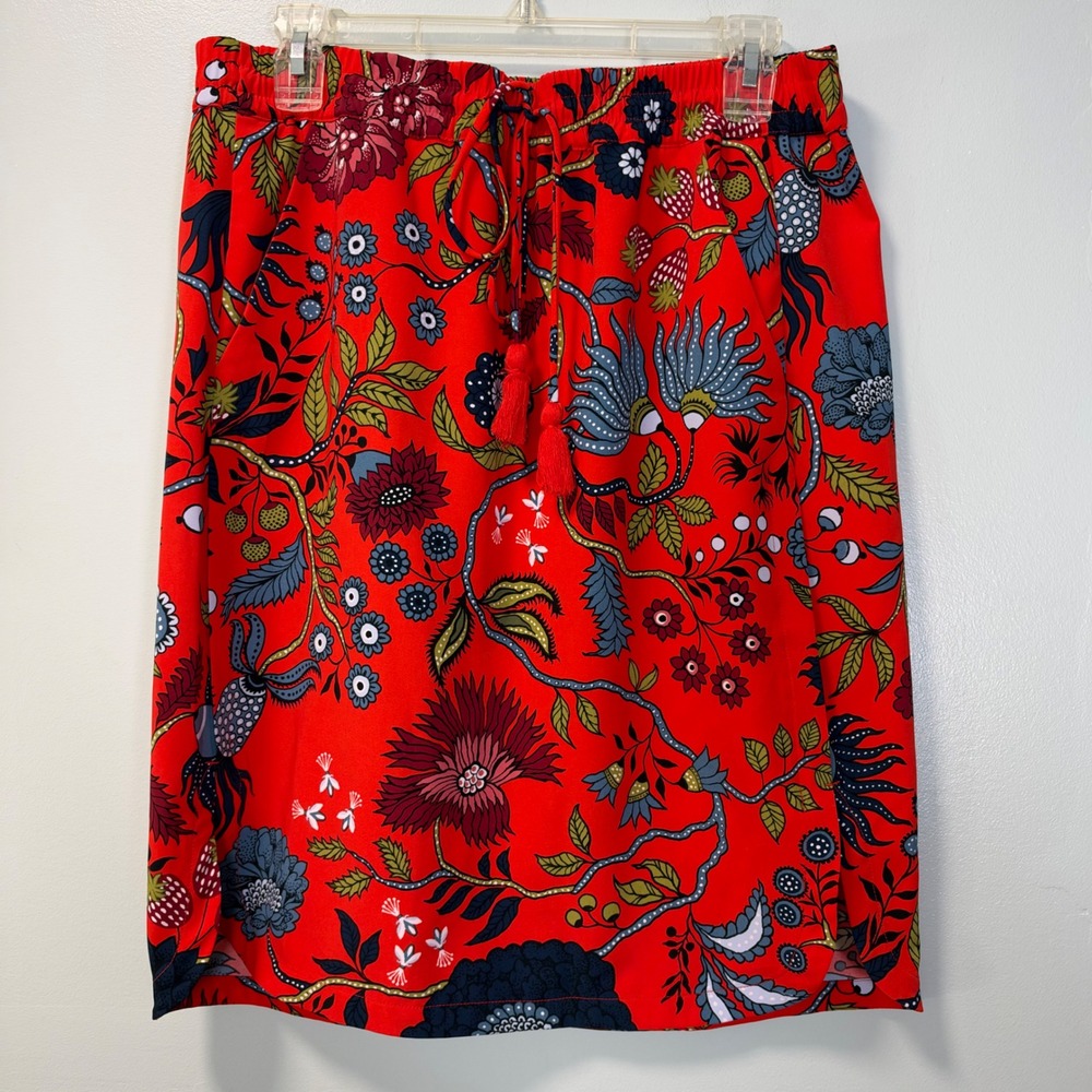 LOFT Womens Medium Red Floral Tassel Drawstring Elastic Waist Skirt Vacation